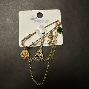 Mint Gold-Tone Eiffel Tower, Teddy & Clover Chain Brooch